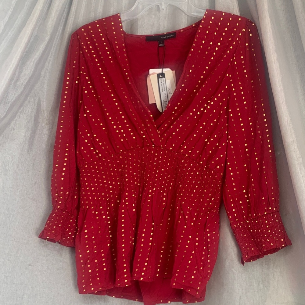 Harve Benard Red Blouse with Gold Dot Accents